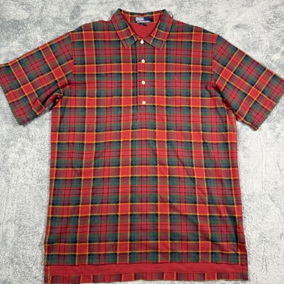 Vintage 90s Polo Ralph Lauren Plaid Red Green 1/2 Button Polo Shirt Mens Size XL - Picture 2 of 7